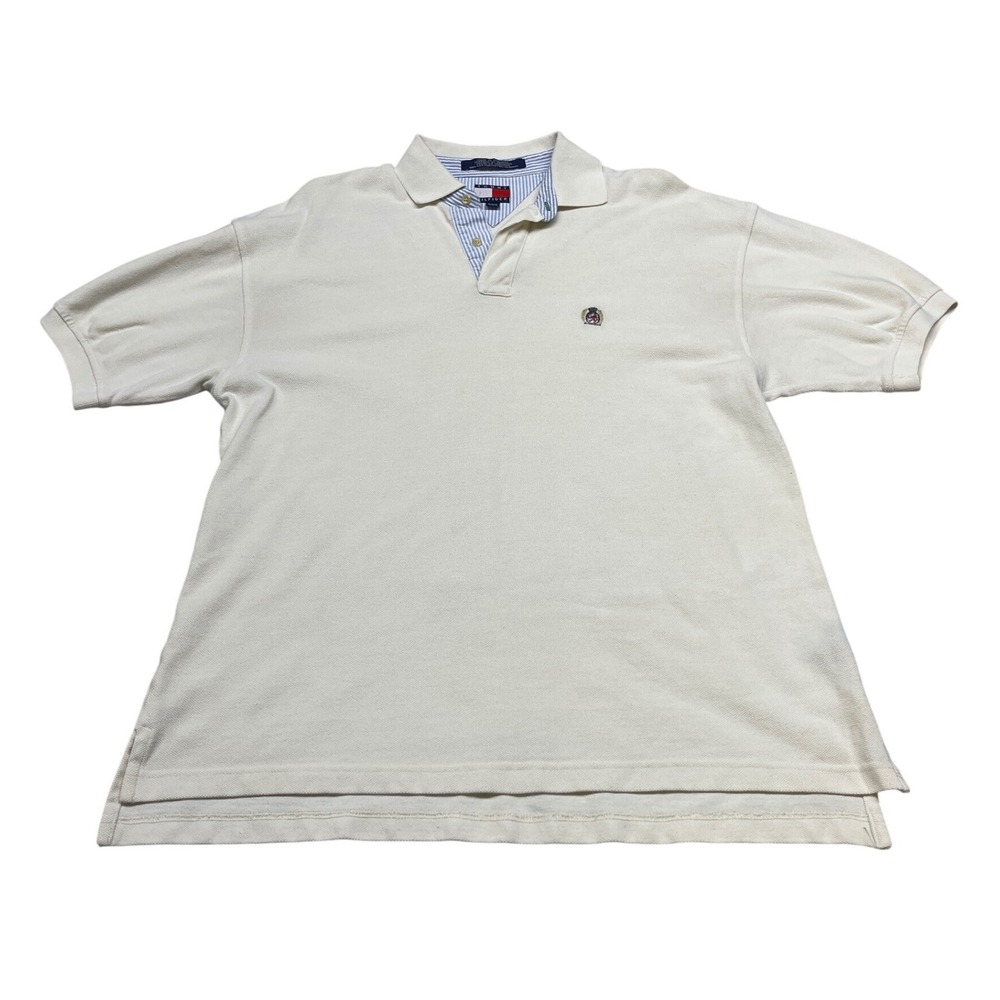 Tommy Hilfiger Mens Polo Shirt Medium Cream 100 Percent Cotton Pique Logo